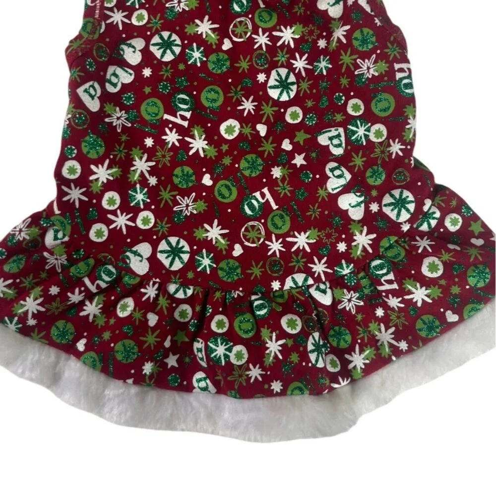 Christmas Dog Dress Red Green Glitter Size Small Snowflake Print Faux Fur Hem‎